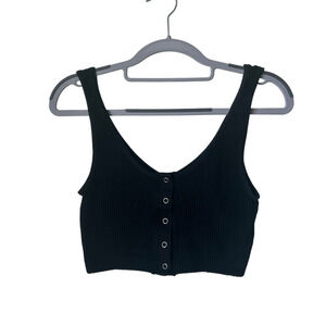 Aerie Black Ribbed Button Up Crop Top - Medium